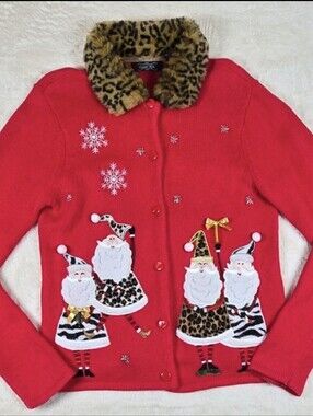 VTG Crystal Kobe Christmas Cardigan Sweater Sz.M Faux Fur Leopard Collar